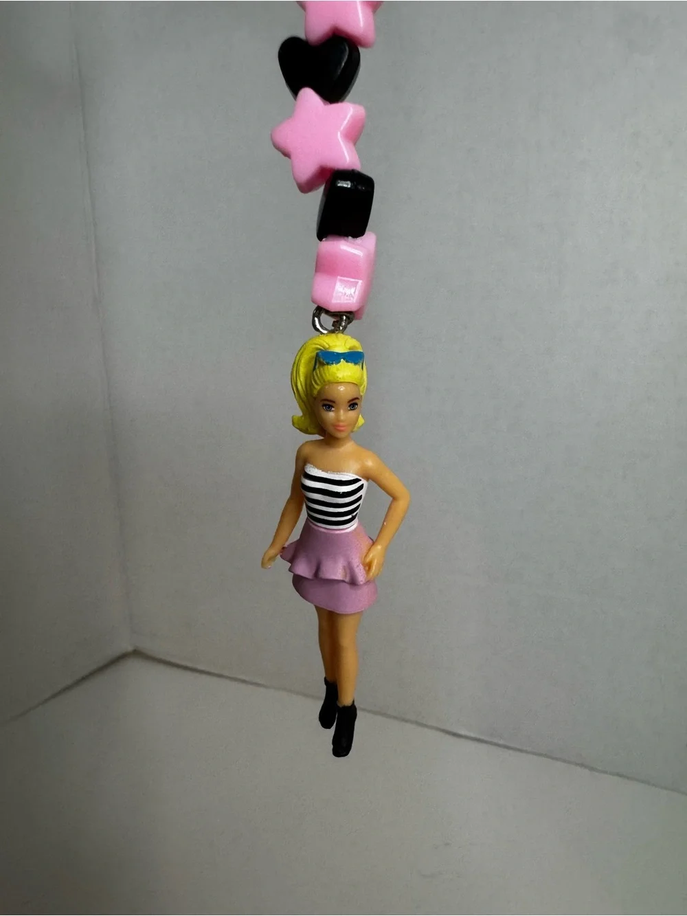 Barbie Pink & Black Star Bead Keychain with Doll Charm